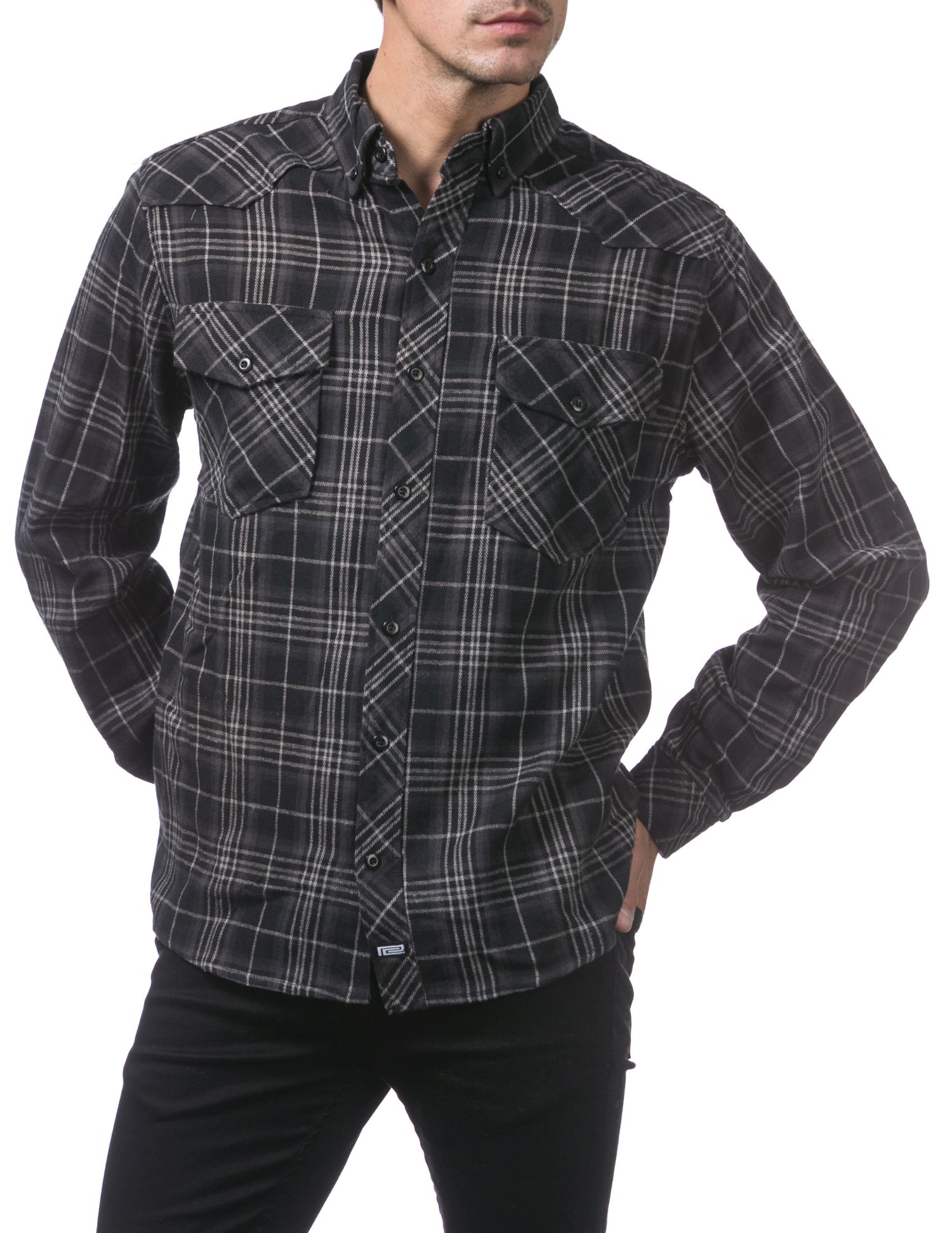 151 #1)BK/CHAR/H.GRY Plaid Flannel Long Sleeve Shirt - Mens